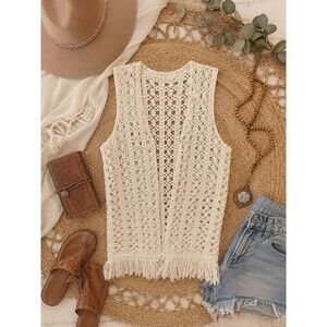 Boho Crochet Fringe Vest Cream Open Knit Sleeveless Festival Hippie Cardigan